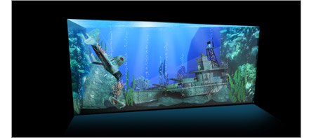 3D computer generated visual of an aquarium with a sunken battle ship inside it